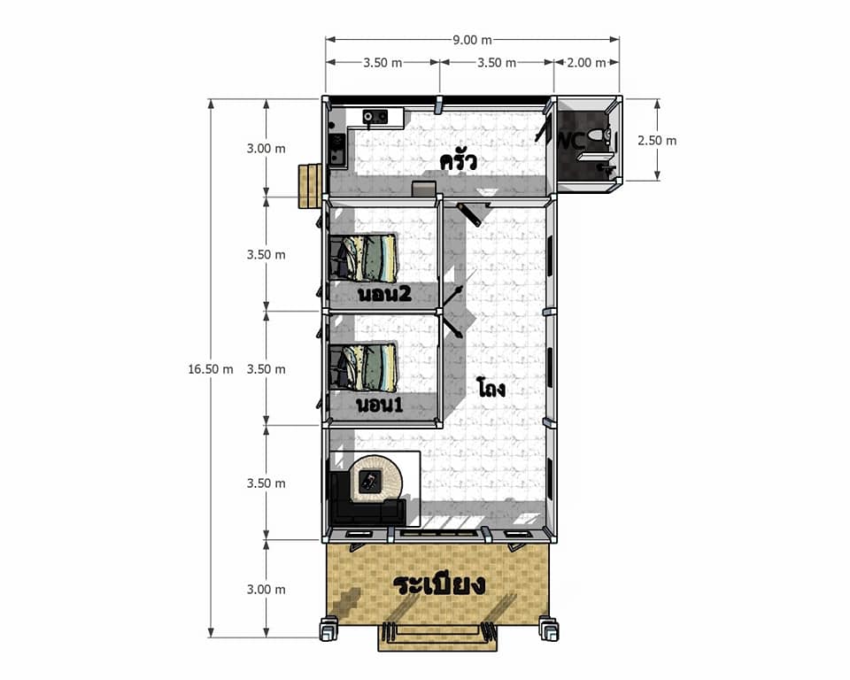 แบบบ้านโมเดิร์น 2 ห้องนอน 1 ห้องน้ำ 1 ห้องครัว 1 ห้องโถง