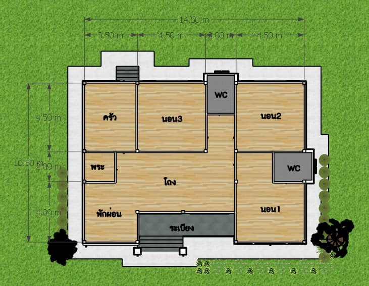 แบบบ้านชั้นเดียว 3 ห้องนอน 2 ห้องน้ำ